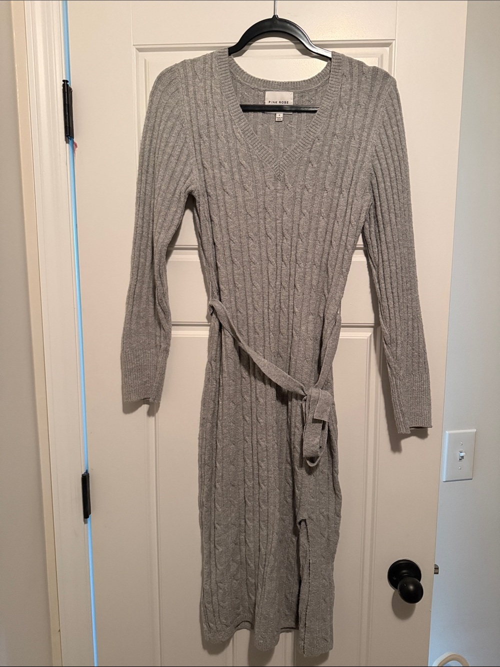 Pink Rose Gray Cable-Knit V-Neck Belted Sweater Dress